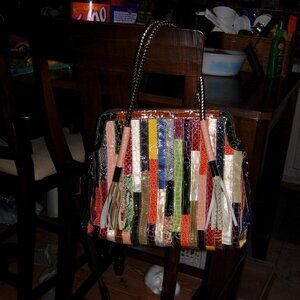 Multicolor Patchwork Patent Leather Snakeskin Print Fringe Tote Hobo Bag